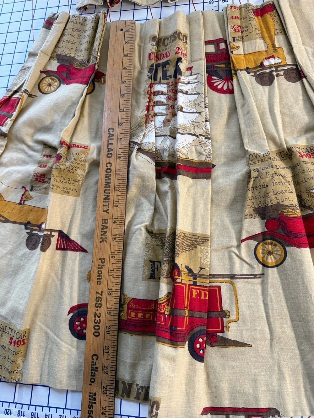 Vintage Mid Century Novelty Kitchen Curtain Set Cars Trains Ships Fire Engines